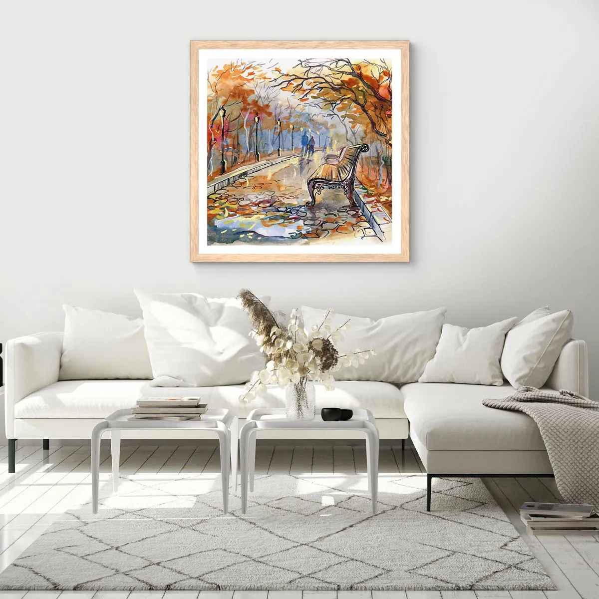 Plakat i ramme af lyst egetræ - Gå sammen ind i efteråret - 60x60 cm