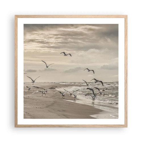 Plakat i ramme af lyst egetræ - Havet brummer, fuglene synger - 60x60 cm