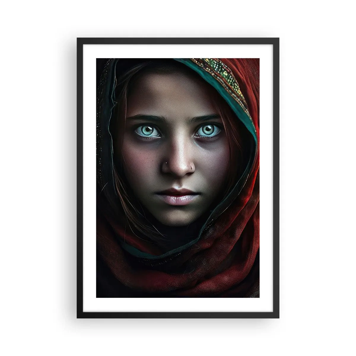 Plakat i sort ramme - Portræt af en pige i et rødt sjal med hypnotiserende øjne - 50x70cm - Østens prinsesse - Moderne vægdekoration til stue og soveværelse ARTTOR