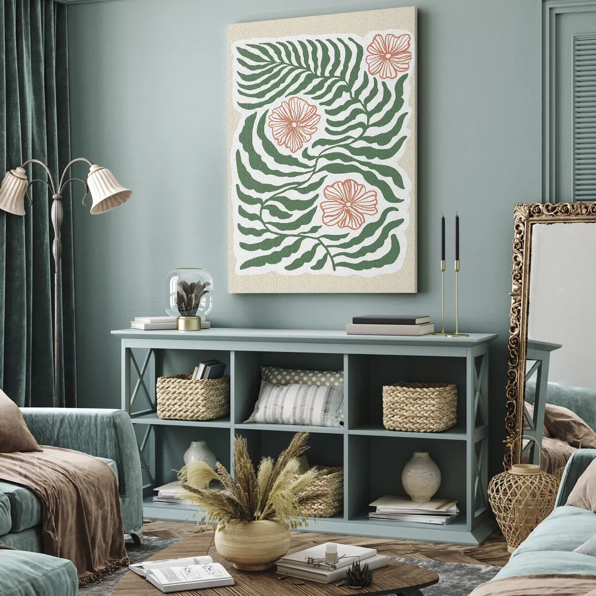 Lærredstryk - Billede på lærred - Blomstrede i grønt - 70x100 cm