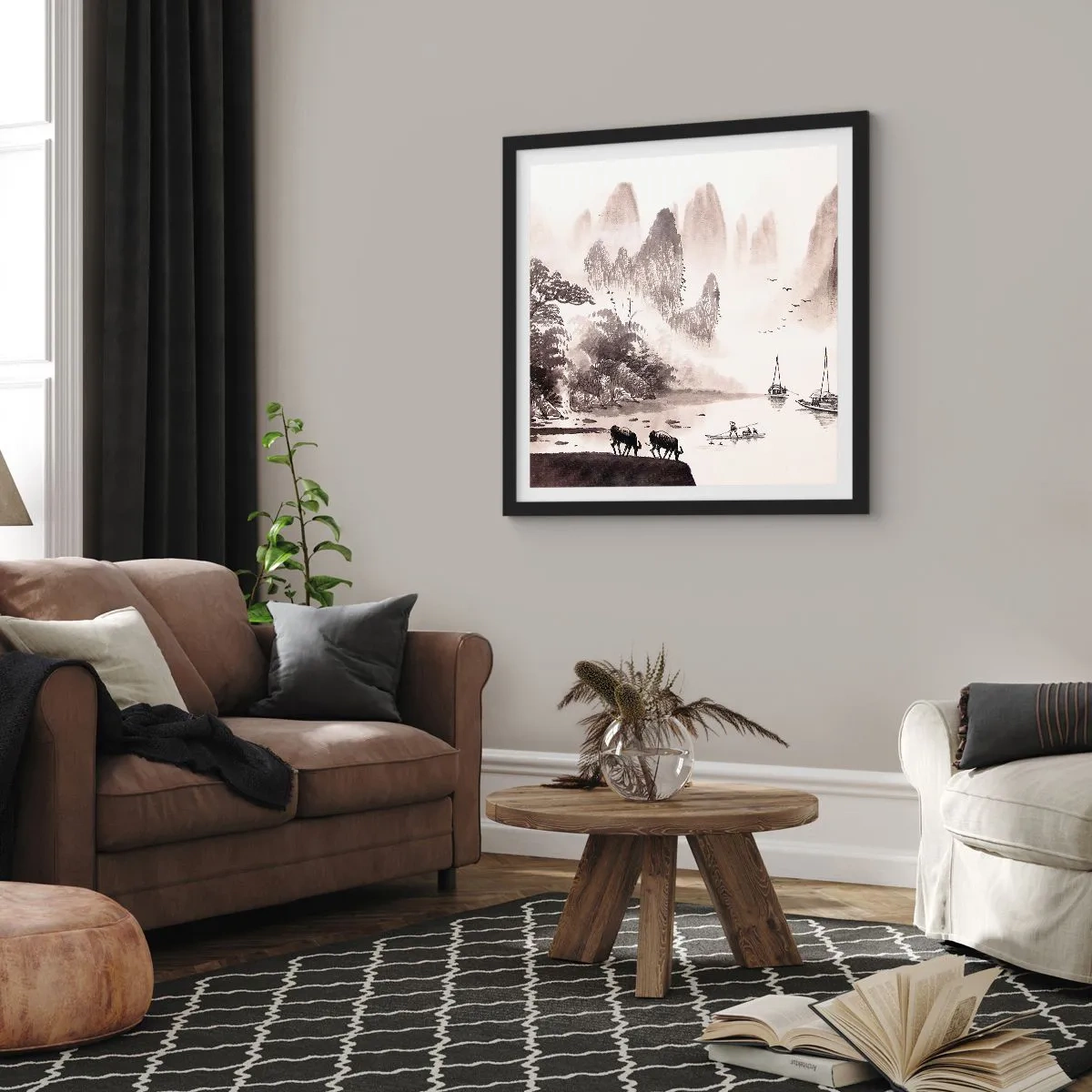 Plakat i sort ramme - Østens eksotiske hverdag - 40x40 cm