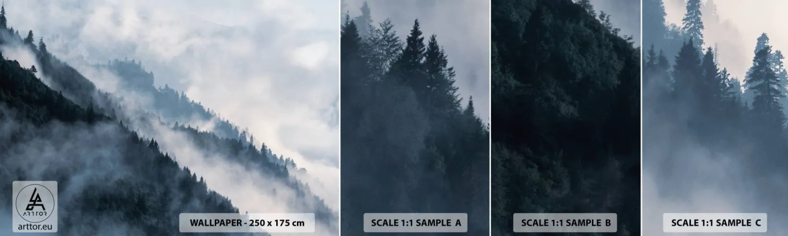 Fototapet Prøve Standard Eco - Bjergenes mystik - Landskab, Bjerge, Skov - 100x30 cm