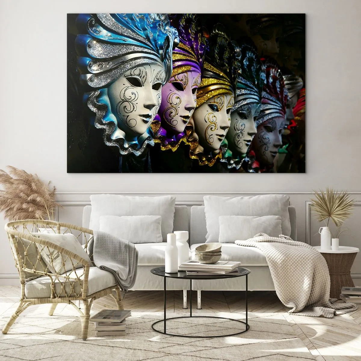 Billede på glas - Farverige venetianske masker på række - 70x50cm - Mysterium i guld og sølv - Moderne vægdekoration til stue og soveværelse ARTTOR