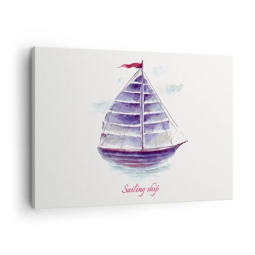 Lærredstryk - Billede på lærred - Et akvarelmaleri af en sejlbåd på vandet med en delikat indskrift - 70x50cm - Fulde sejl og roligt vand - Moderne vægdekoration til stue og soveværelse ARTTOR
