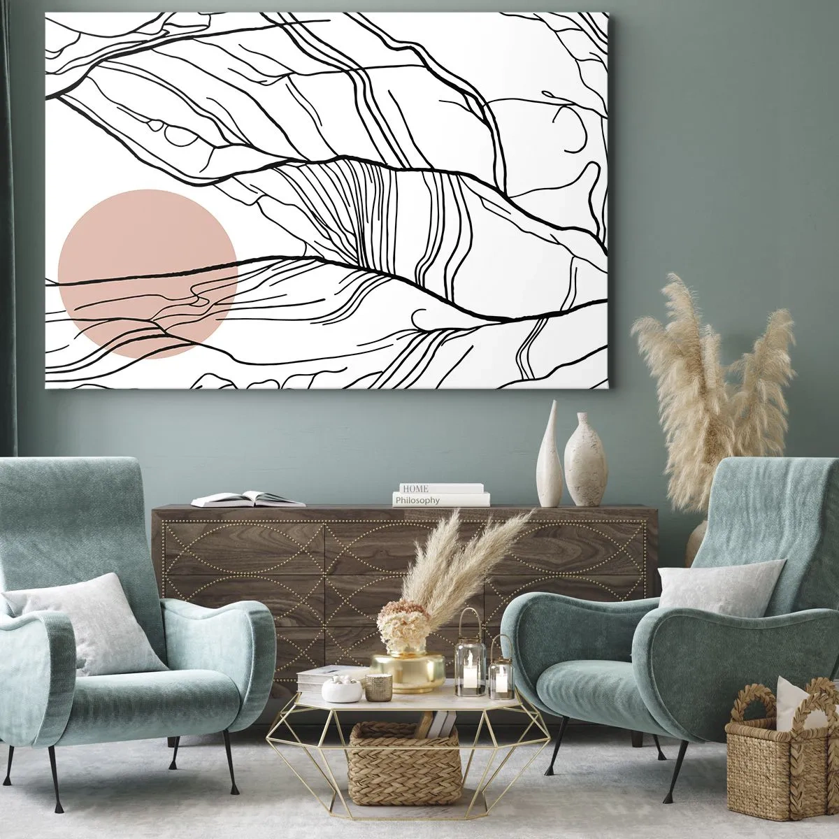 Lærredstryk - Billede på lærred - Minimalistiske linjer med geometrisk accent - 70x50cm - I et netværk af kviste - Moderne vægdekoration til stue og soveværelse ARTTOR
