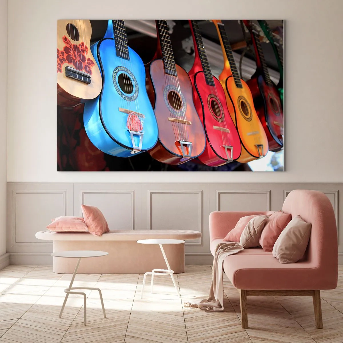 Billede på glas - Farverige guitarer hænger på række udstillet - 70x50cm - Latino vibes - Moderne vægdekoration til stue og soveværelse ARTTOR