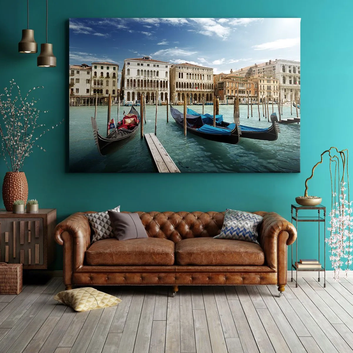 Lærredstryk - Billede på lærred - Venedig med gondoler og paladser mod himlen - 70x50cm - Paladser i blåt - Moderne vægdekoration til stue og soveværelse ARTTOR