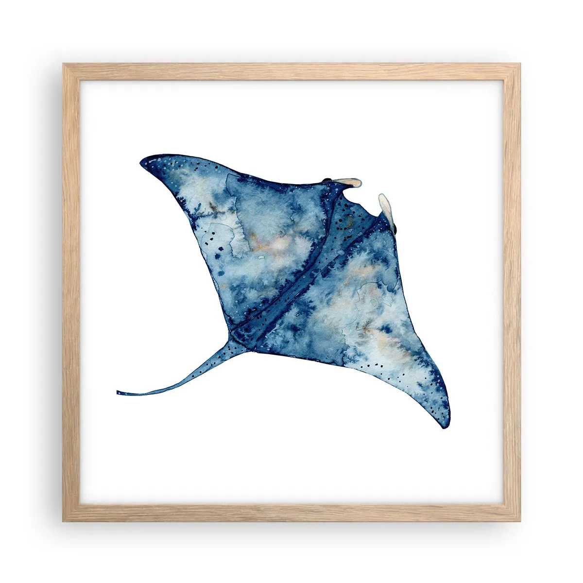 Plakat i ramme af lyst egetræ - Liv i blåt - 40x40 cm