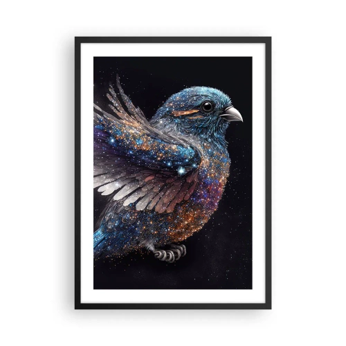 Plakat i sort ramme - En rumfugl med stjernefjerdragt på en sort baggrund - 50x70cm - Diamantspurv - Moderne vægdekoration til stue og soveværelse ARTTOR