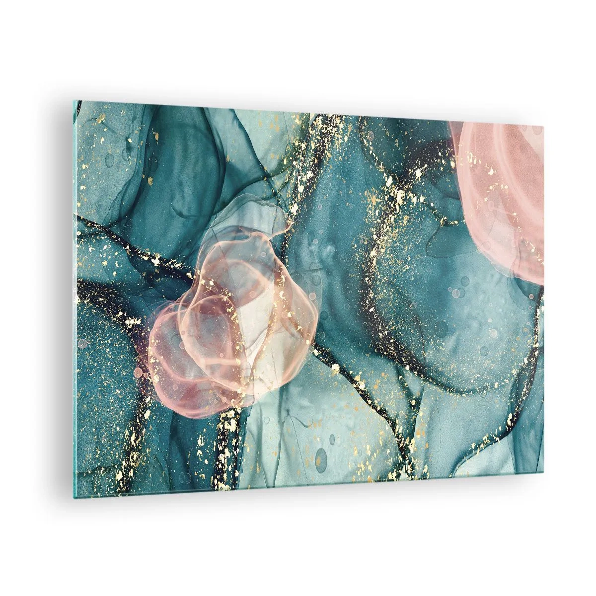 Billede på glas - Abstrakte former i blå og pink med gulddetaljer - 70x50cm - Silkeblå, tyl lyserød - Moderne vægdekoration til stue og soveværelse ARTTOR