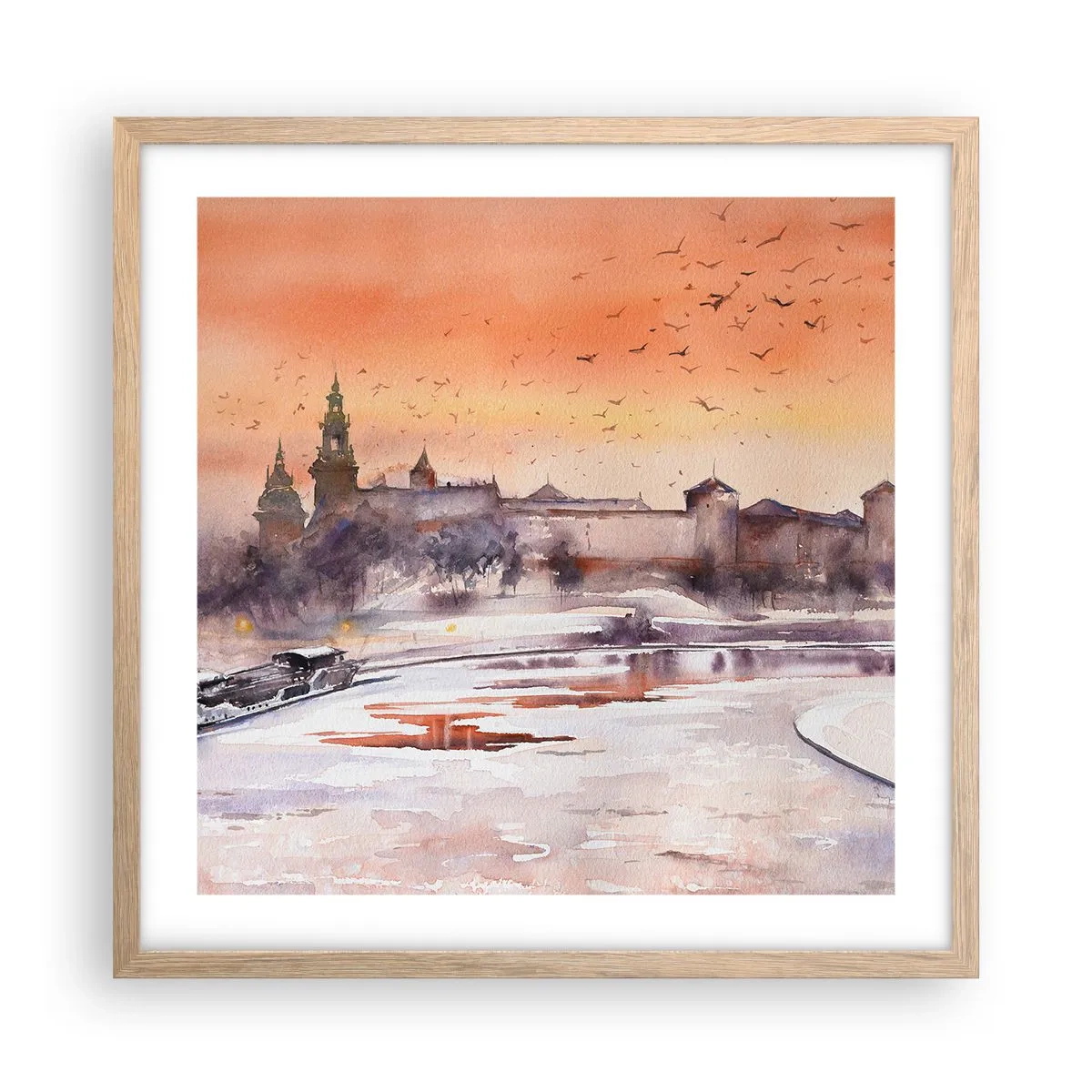 Plakat i ramme af lyst egetræ - Kongelig solnedgang - 50x50 cm