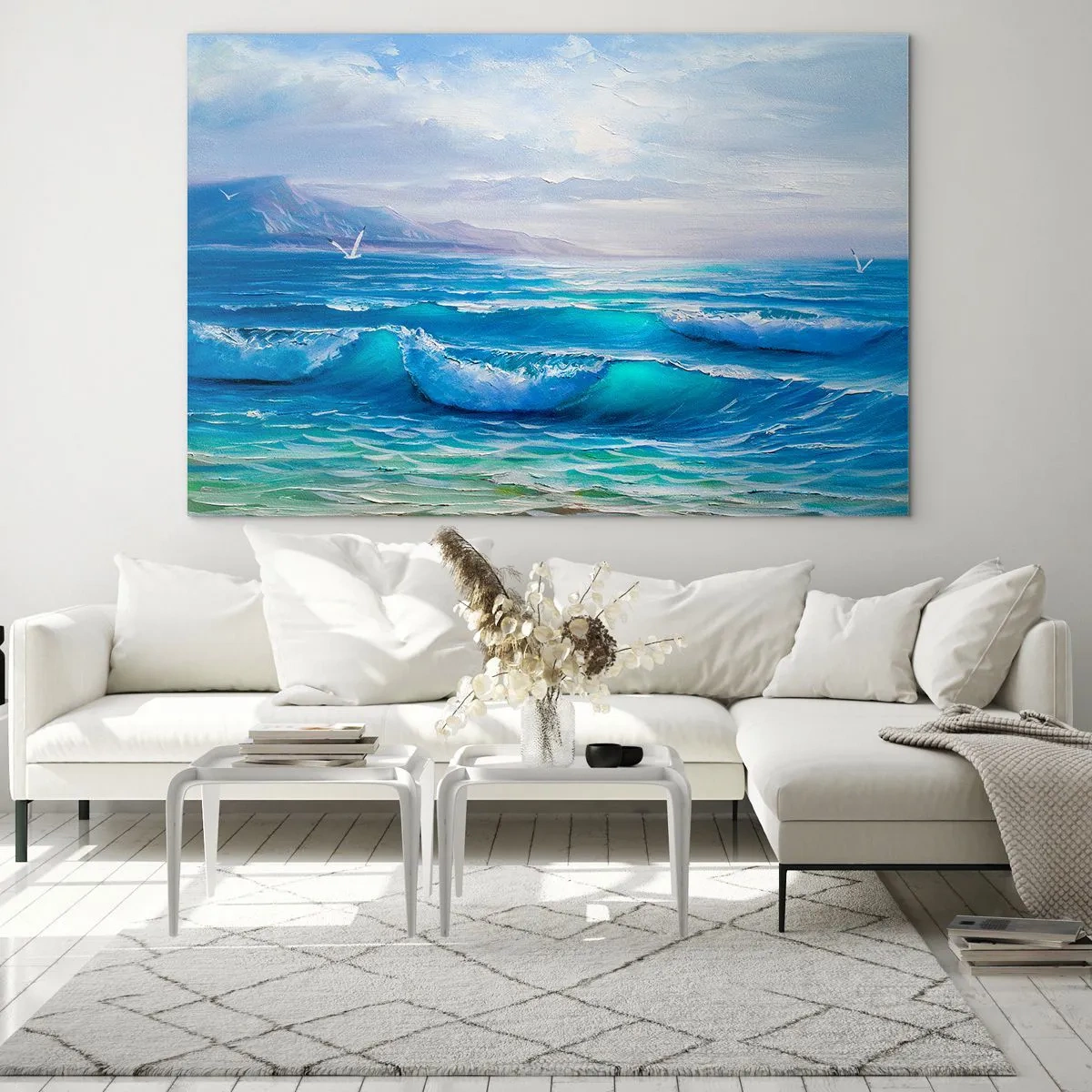 Billede på glas - Blå havbølger, der skvulper mod kysten på en solskinsdag - 70x50cm - Giver trøst - Moderne vægdekoration til stue og soveværelse ARTTOR