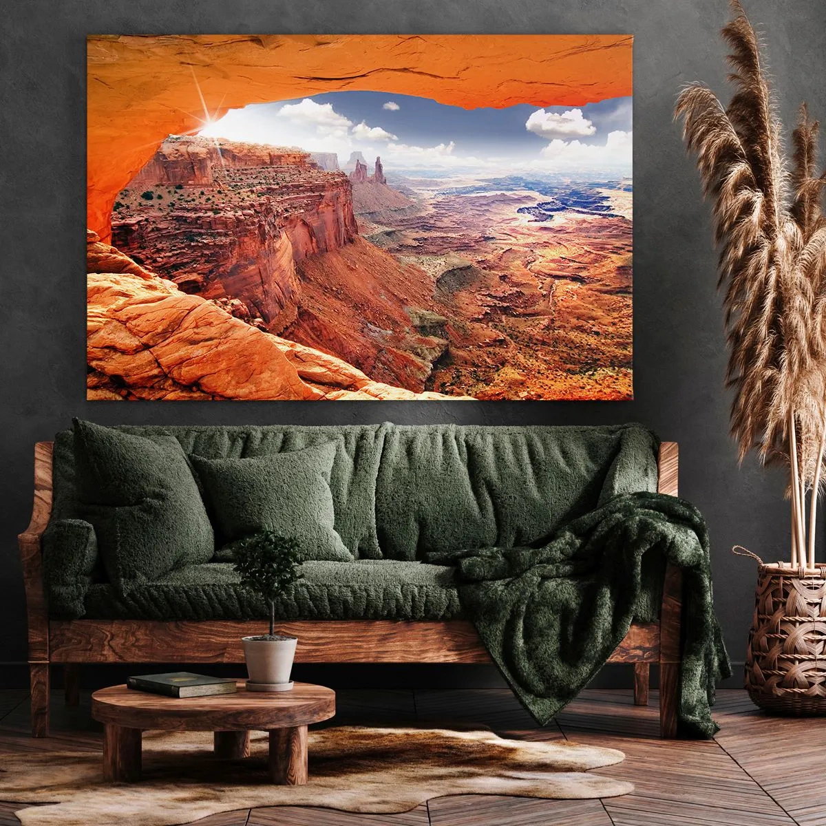 Lærredstryk - Billede på lærred - Kløft set gennem et klippevindue med varme klippetoner - 70x50cm - Udskåret af naturen selv - Moderne vægdekoration til stue og soveværelse ARTTOR