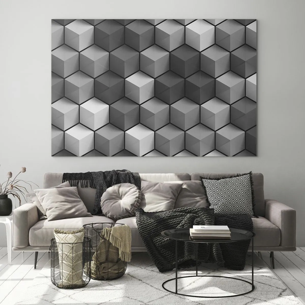 Billede på glas - Geometriske terninger i grå nuancer - 70x50cm - Kubistisk puslespil - Moderne vægdekoration til stue og soveværelse ARTTOR