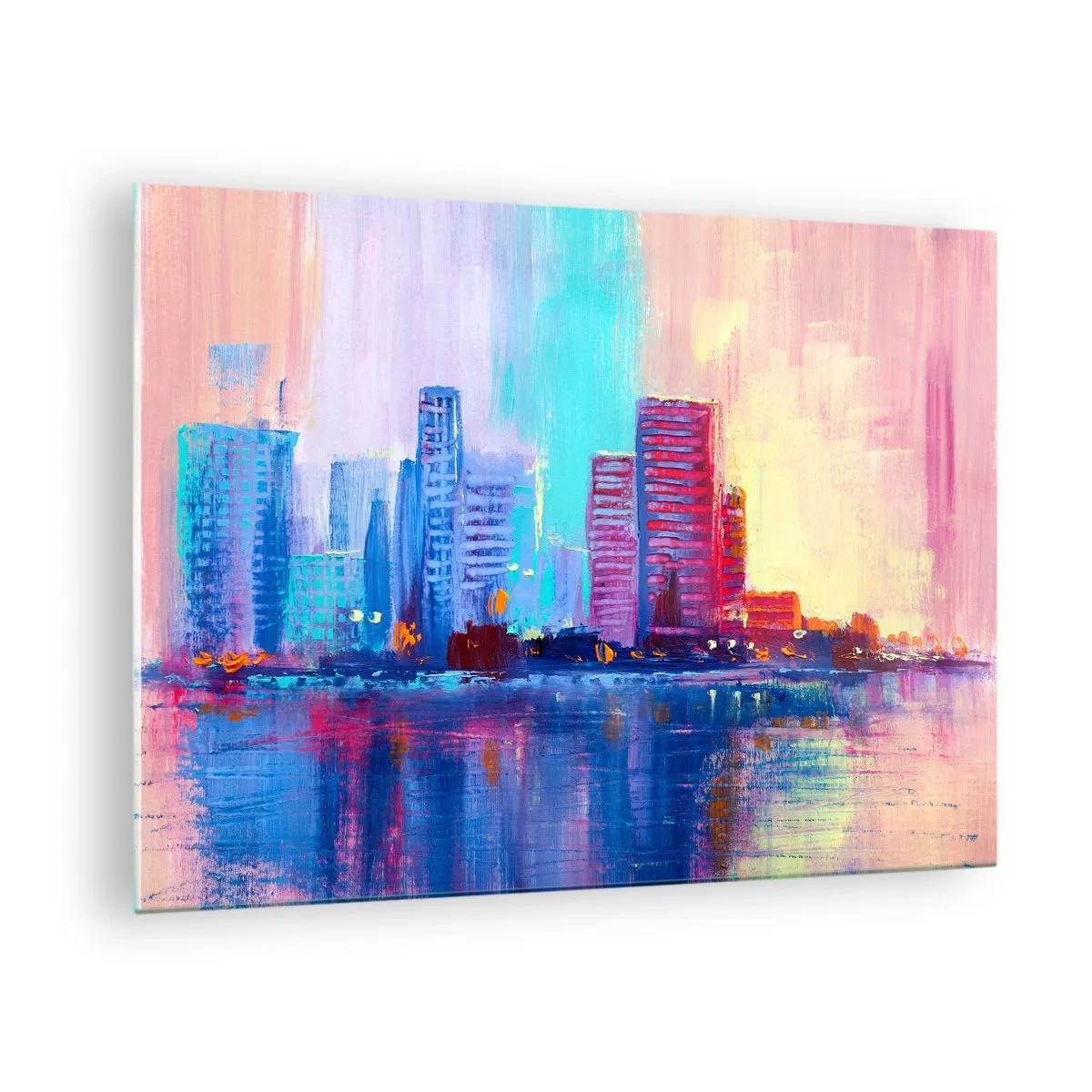 Billede på glas - En moderne by i intense farver spejlet i vandet - 70x50cm - Badet i farver - Moderne vægdekoration til stue og soveværelse ARTTOR