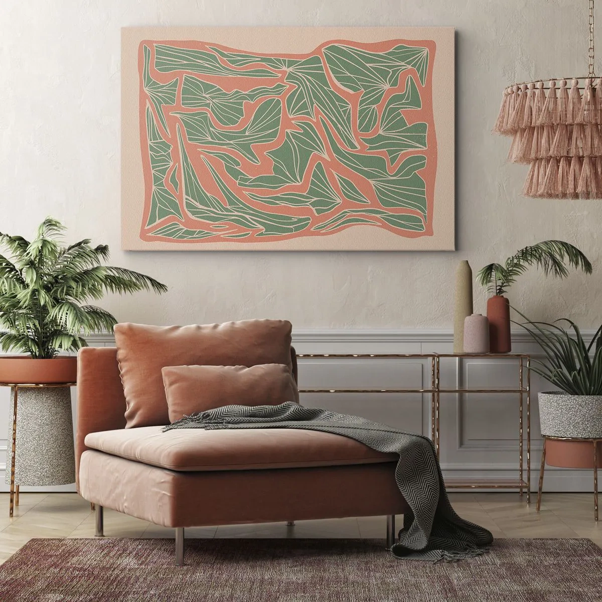 Lærredstryk - Billede på lærred - Et plantemønster i nuancer af grønt og orange - 70x50cm - En kamp mellem koral og grøn - Moderne vægdekoration til stue og soveværelse ARTTOR