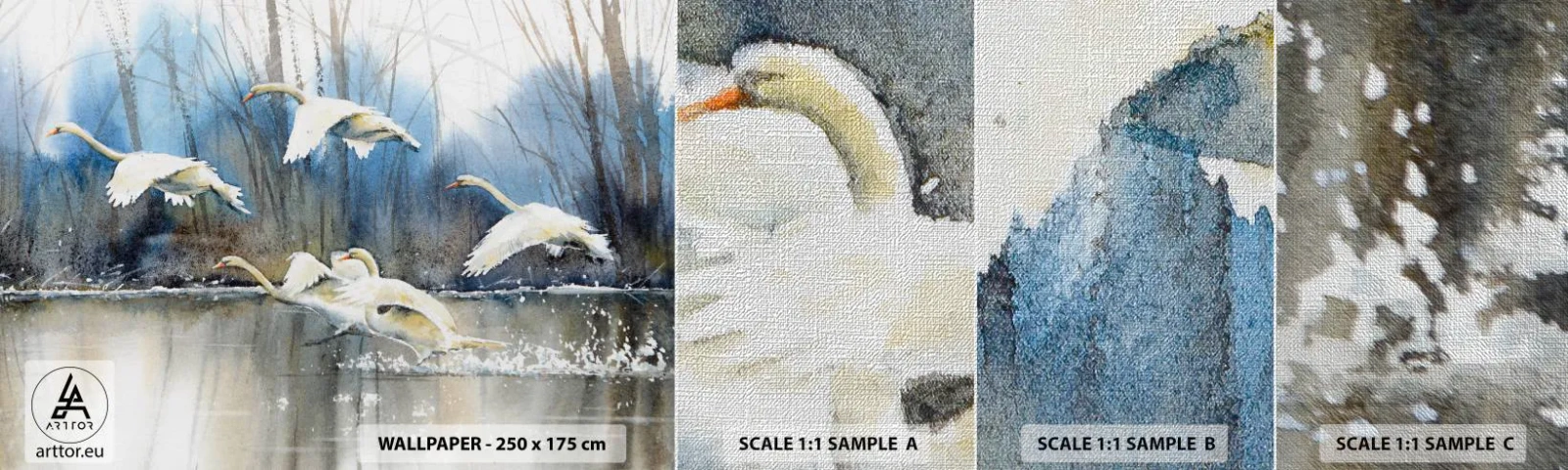 Prøve Fototapet Premium Canvas - Som i en fortælling om vilde svaner - Svaner, Fugle, Landskab - 100x30 cm