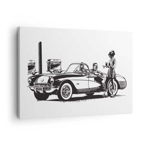 Lærredstryk - Billede på lærred - En sort-hvid retroscene med en bil og en servitrice på rulleskøjter. - 70x50cm - 60. - det ubekymrede Amerika - Moderne vægdekoration til stue og soveværelse ARTTOR