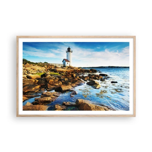 Plakat i ramme af lyst egetræ - Vend tilbage med glæde, jeg ser frem til - 91x61 cm
