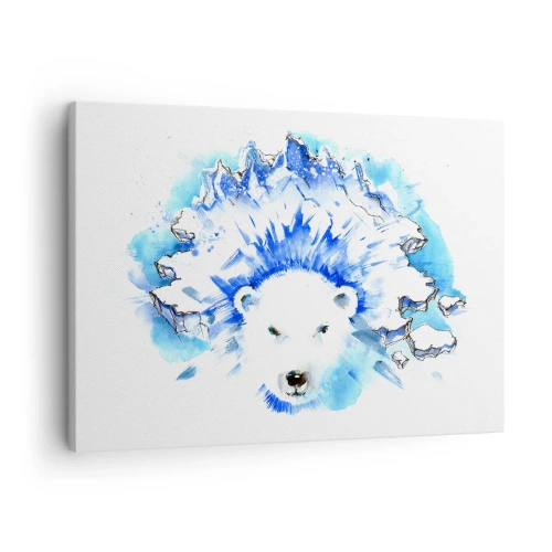 Lærredstryk - Billede på lærred - Kunstnerisk akvarelmaleri af en isbjørn med et ismotiv - 70x50cm - Kongen af Arktis i en iskrone - Moderne vægdekoration til stue og soveværelse ARTTOR