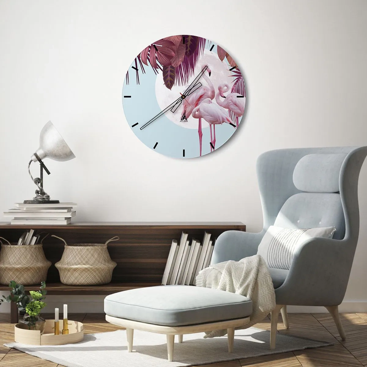 Vægur, Uret - Flamingoer mod månen og tropiske blade som baggrund - 30x30cm - Tre fugles ynde - Moderne vægdekoration til stue, køkken og soveværelse ARTTOR