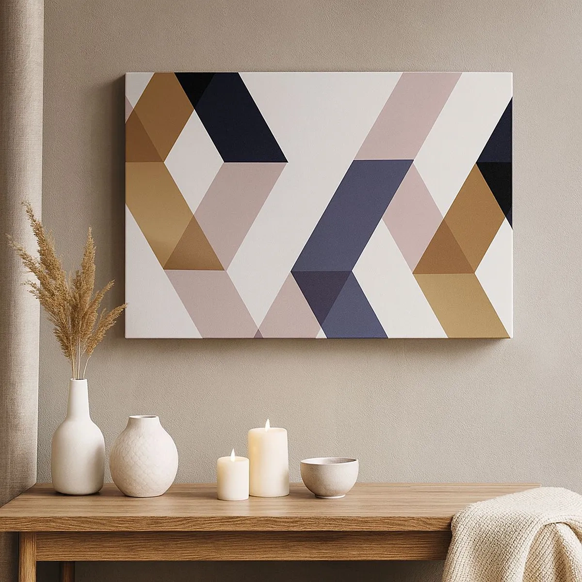 Lærredstryk - Billede på lærred - Geometriske mønstre i nuancer af guld og marineblå - 70x50cm - Planer og vinkler - Moderne vægdekoration til stue og soveværelse ARTTOR