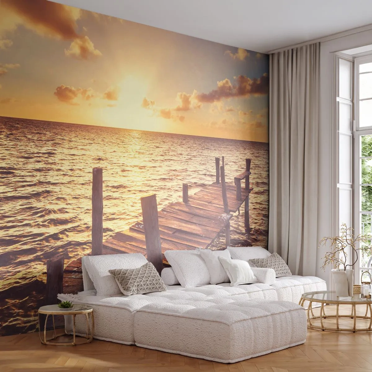 Fototapet Premium Sand - Gyldent land af blidhed - Landskab, Hav, træbro - 100x70 cm