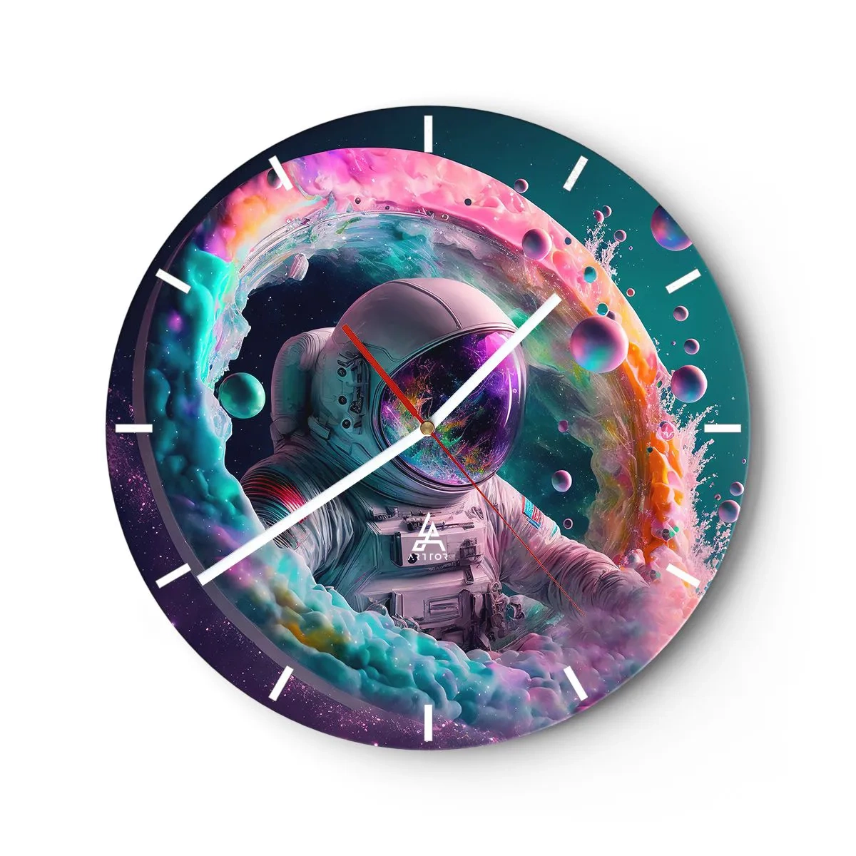 Vægur, Uret - Astronaut midt i kosmiske farver og portallignende effekter - 30x30cm - Stjerneport - Moderne vægdekoration til stue, køkken og soveværelse ARTTOR