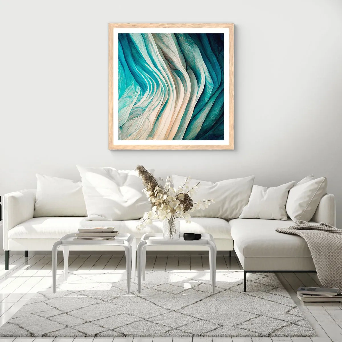 Plakat i ramme af lyst egetræ - Blå umættelighed - 30x30 cm