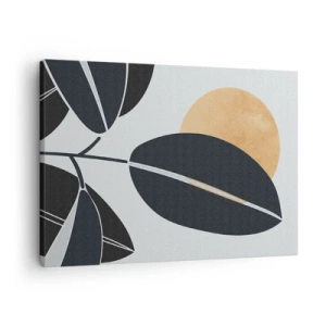 Lærredstryk - Billede på lærred - Et minimalistisk bladmotiv med en lysende sol i baggrunden. - 70x50cm - En dag med varm sommer - Moderne vægdekoration til stue og soveværelse ARTTOR
