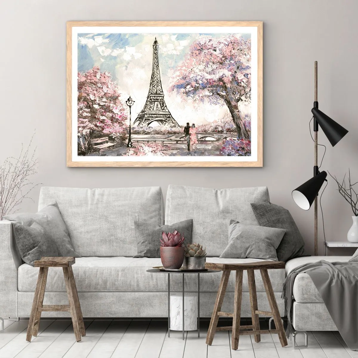 Plakat i ramme af lyst egetræ - April gåtur rundt i Paris - 40x30 cm