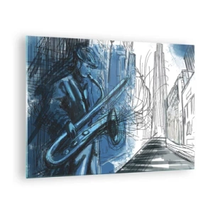 Billede på glas - Jazzsaxofonist i et blåt bymiljø - 70x50cm - Byens rapsodi - Moderne vægdekoration til stue og soveværelse ARTTOR