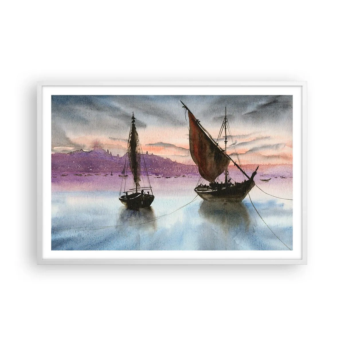 Plakat i hvid ramme - Aften i havnen - 91x61 cm