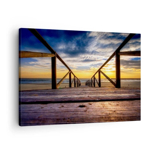 Lærredstryk - Billede på lærred - Træbro, der fører til stranden ved solnedgang - 70x50cm - Direkte til en stille strand ved solnedgang - Moderne vægdekoration til stue og soveværelse ARTTOR