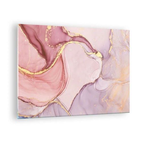 Billede på glas - En abstrakt komposition i nuancer af lyserød og guld - 70x50cm - Et kærtegn af farver - Moderne vægdekoration til stue og soveværelse ARTTOR