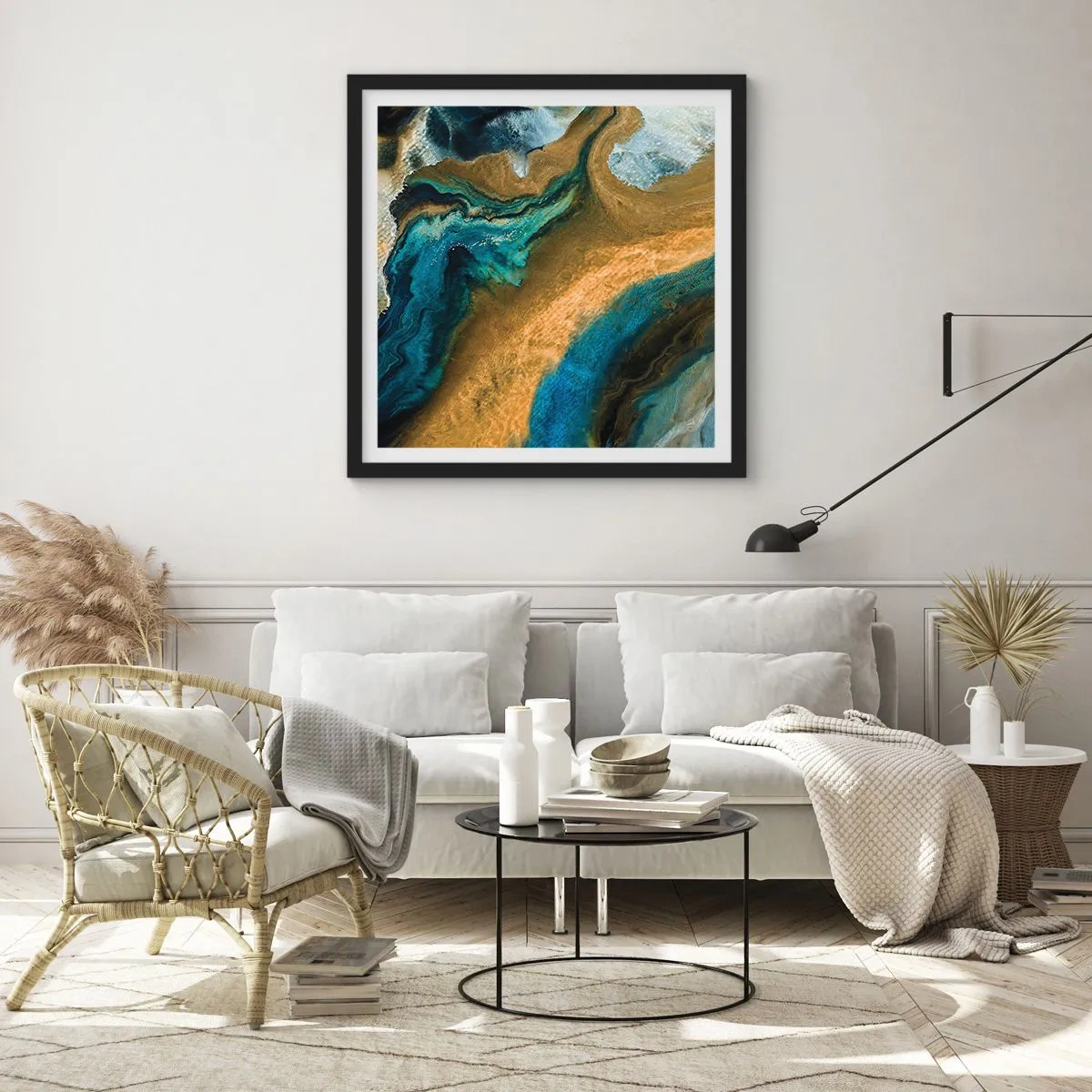 Plakat i sort ramme - Blå - gul - gensidig indflydelse - 60x60 cm