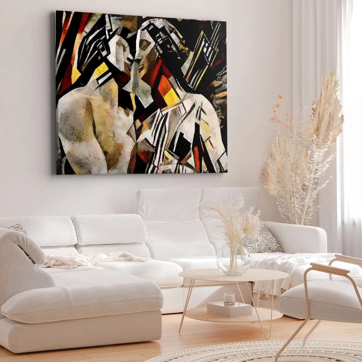 Lærredstryk - Billede på lærred - Abstrakt komposition med silhuetter i en dynamisk form - 70x50cm - Statuesk kys - Moderne vægdekoration til stue og soveværelse ARTTOR