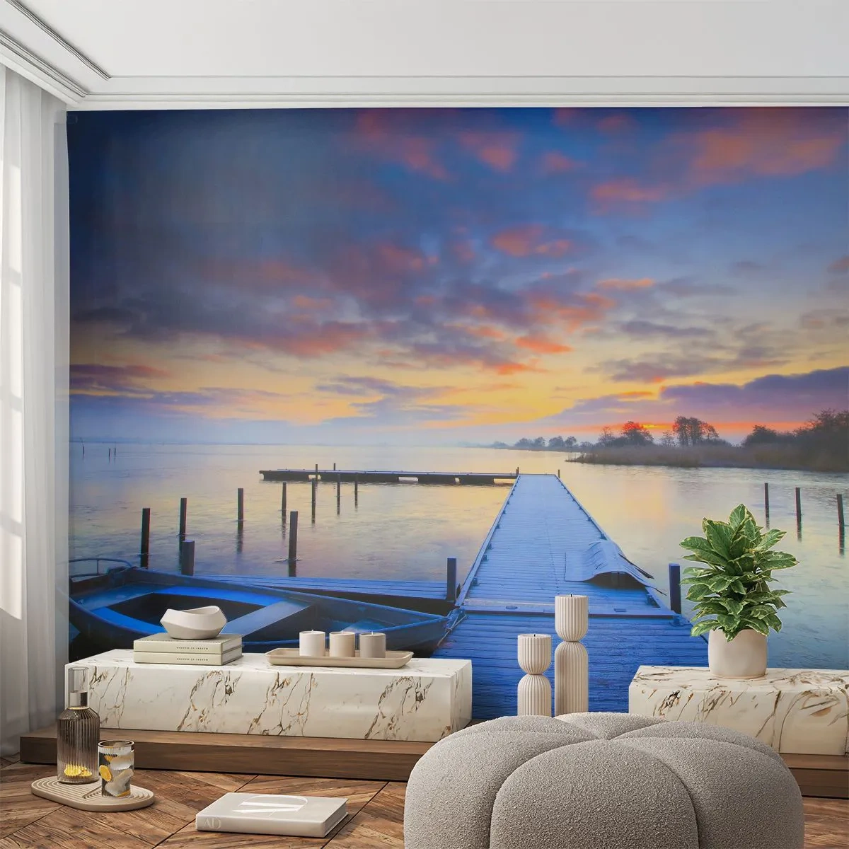 Fototapet Premium Canvas - Violet-gylden sindsro - Landskab, Sø, Båd - 250x175 cm