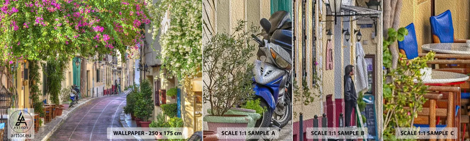 Prøve Fototapet Premium Sand - En blomstrende gyde - Arkitektur, Grækenland, By - 100x30 cm