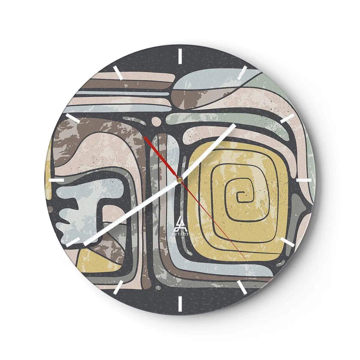 Vægur, Uret - Abstrakte former med spiralmotiv i etnisk stil - 30x30cm - Abstraktion i en præcolumbiansk ånd - Moderne vægdekoration til stue, køkken og soveværelse ARTTOR