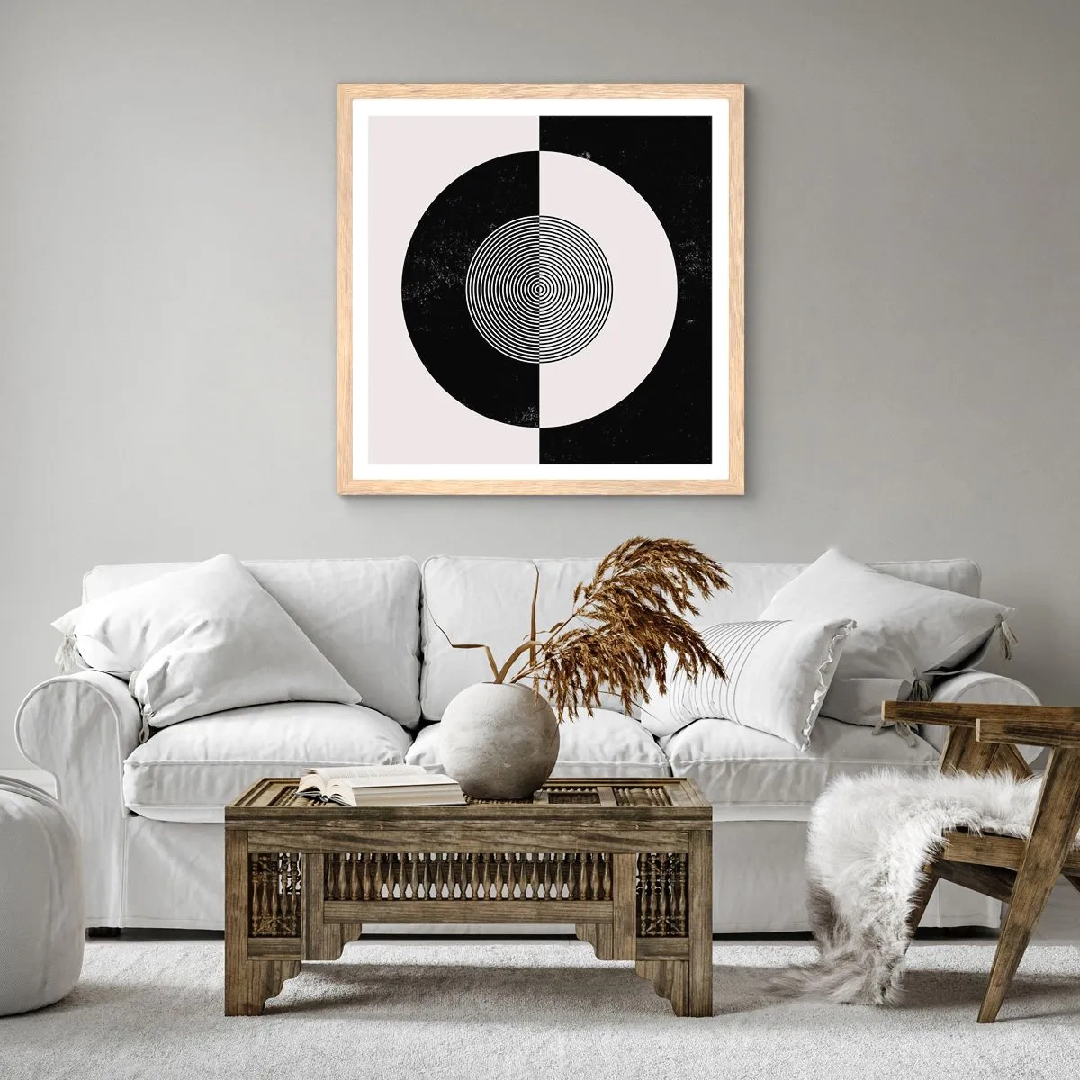 Plakat i ramme af lyst egetræ - Harmoni i sort og hvidt - 60x60 cm