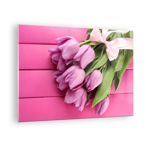 Billede på glas - En buket lyserøde tulipaner på en træbaggrund - 70x50cm - Kun til dig - Moderne vægdekoration til stue og soveværelse ARTTOR