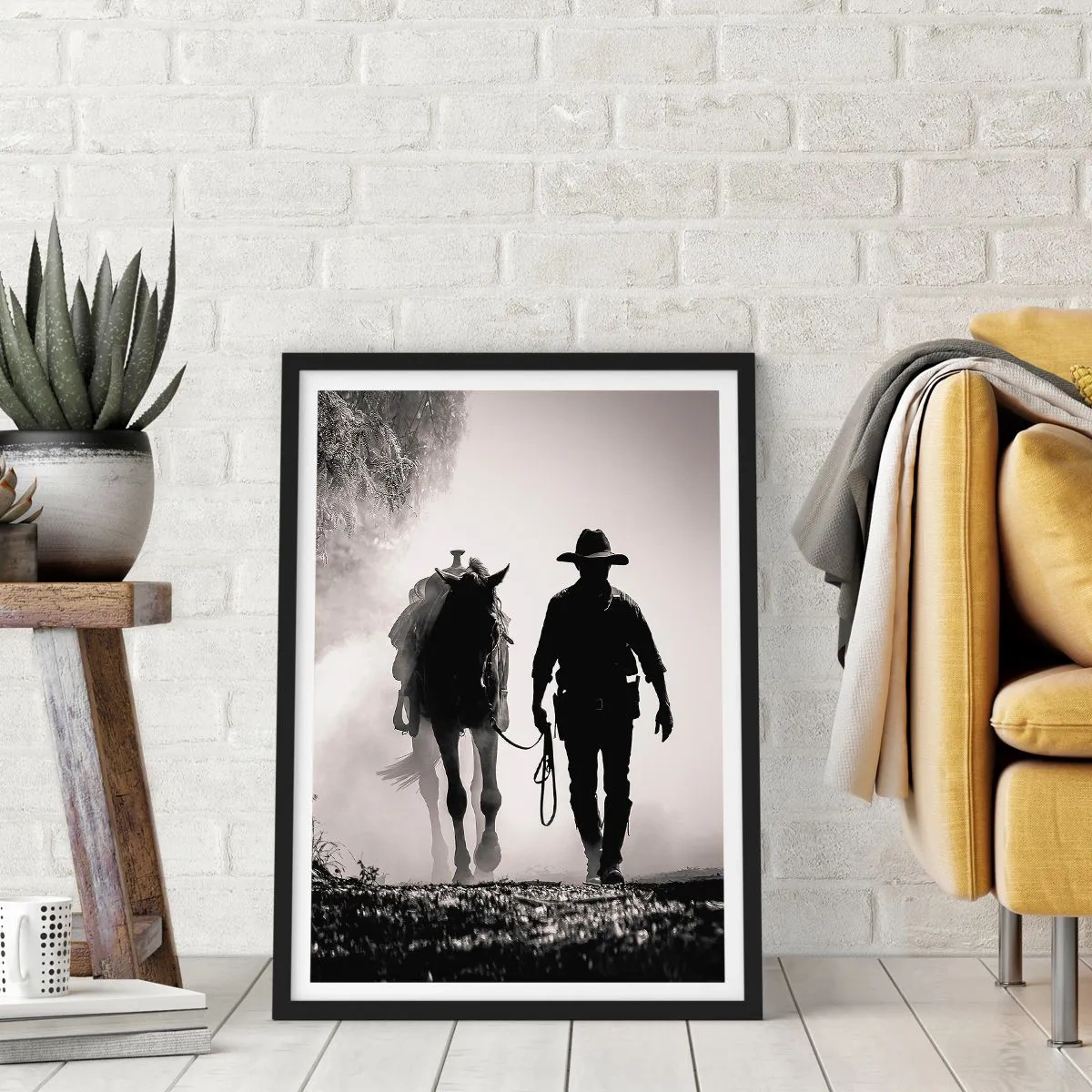 Plakat i sort ramme - Silhuet af en cowboy med sin hest i morgentågen - 50x70cm - En morgen i Texas - Moderne vægdekoration til stue og soveværelse ARTTOR