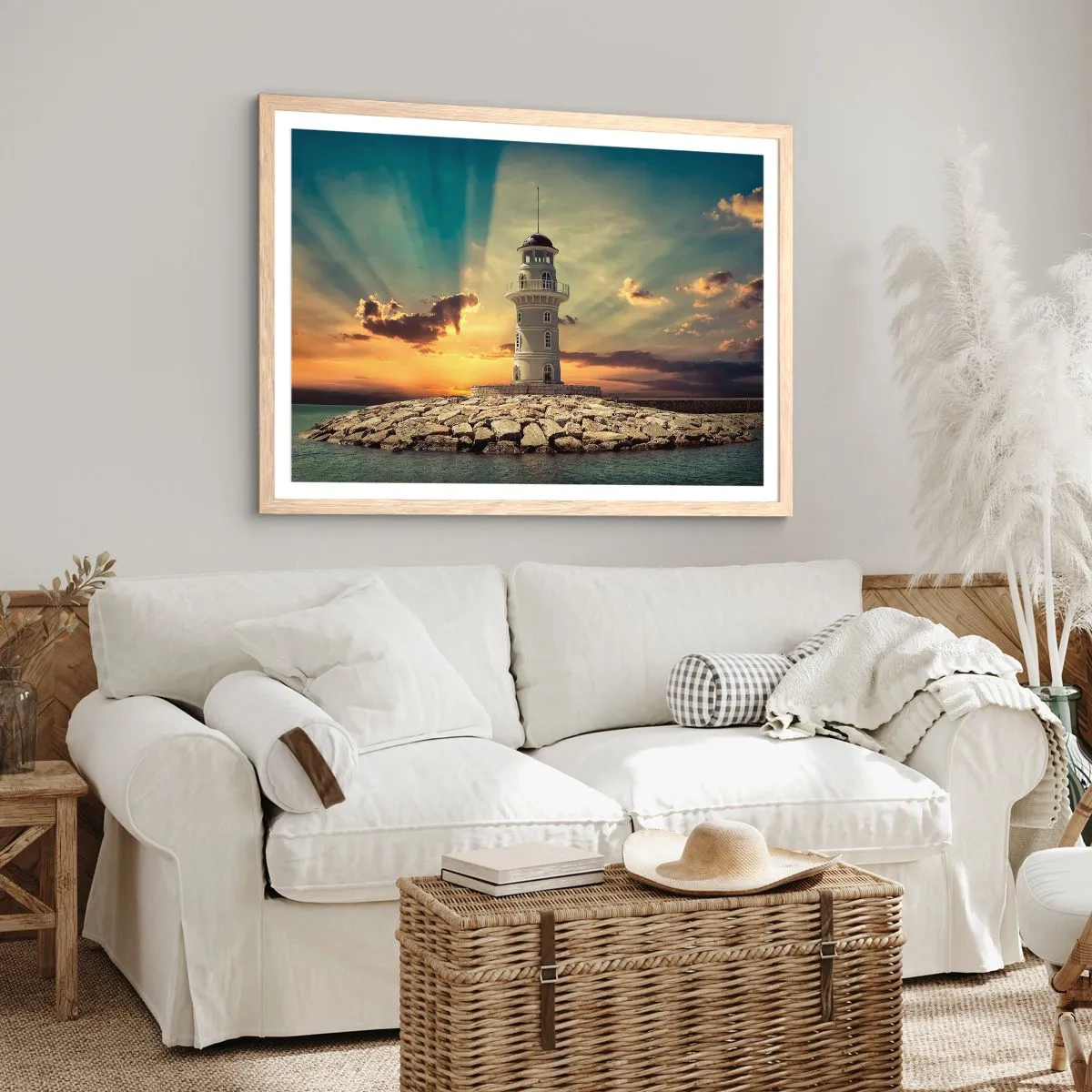 Plakat i ramme af lyst egetræ - Lys - Godhed - Skønhed - 91x61 cm