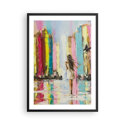 Plakat i sort ramme - En kvinde blandt farverige bygninger i impressionistisk stil - 50x70cm - Følg mig - Moderne vægdekoration til stue og soveværelse ARTTOR