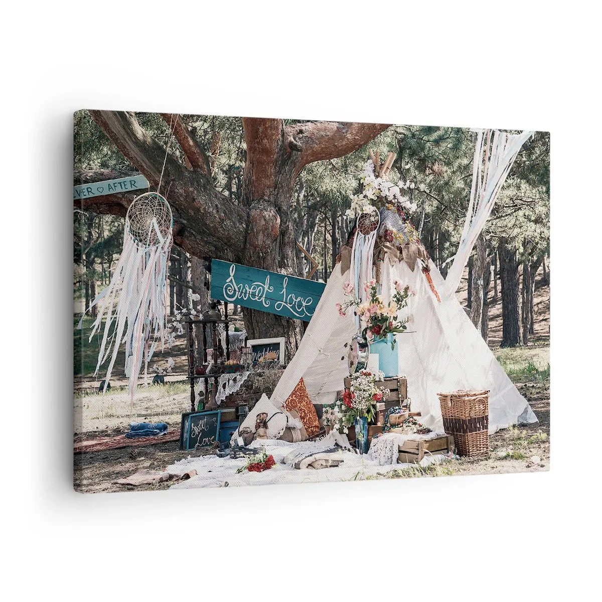 Lærredstryk - Billede på lærred - Boho-dekoration med tipi i skoven - 70x50cm - Make love… - Moderne vægdekoration til stue og soveværelse ARTTOR