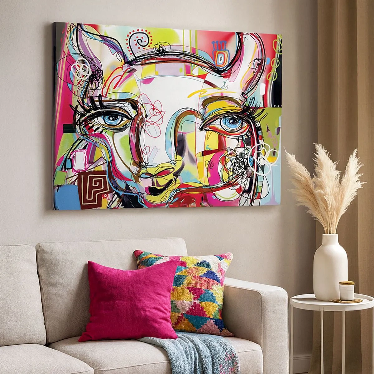 Lærredstryk - Billede på lærred - Farverigt portræt i en abstrakt kunstnerisk stil - 70x50cm - Rigdommen ved katteeksamen - Moderne vægdekoration til stue og soveværelse ARTTOR