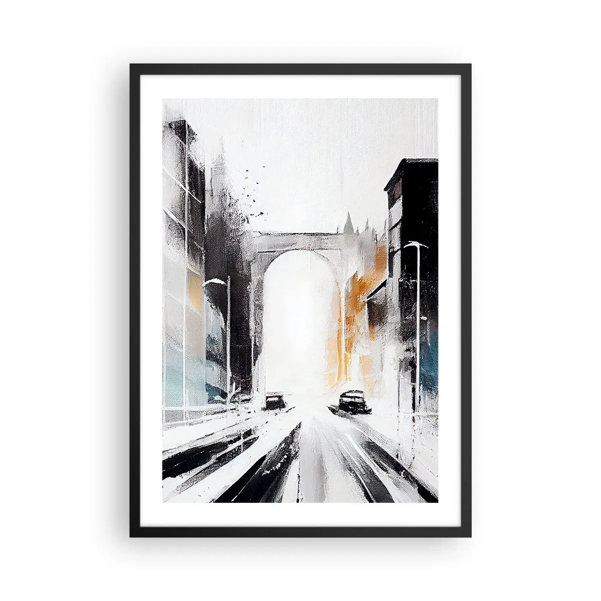 Plakat i sort ramme - Abstrakt bypanorama med en monumental bue - 50x70cm - Bystudie: arkitektur og bevægelse - Moderne vægdekoration til stue og soveværelse ARTTOR