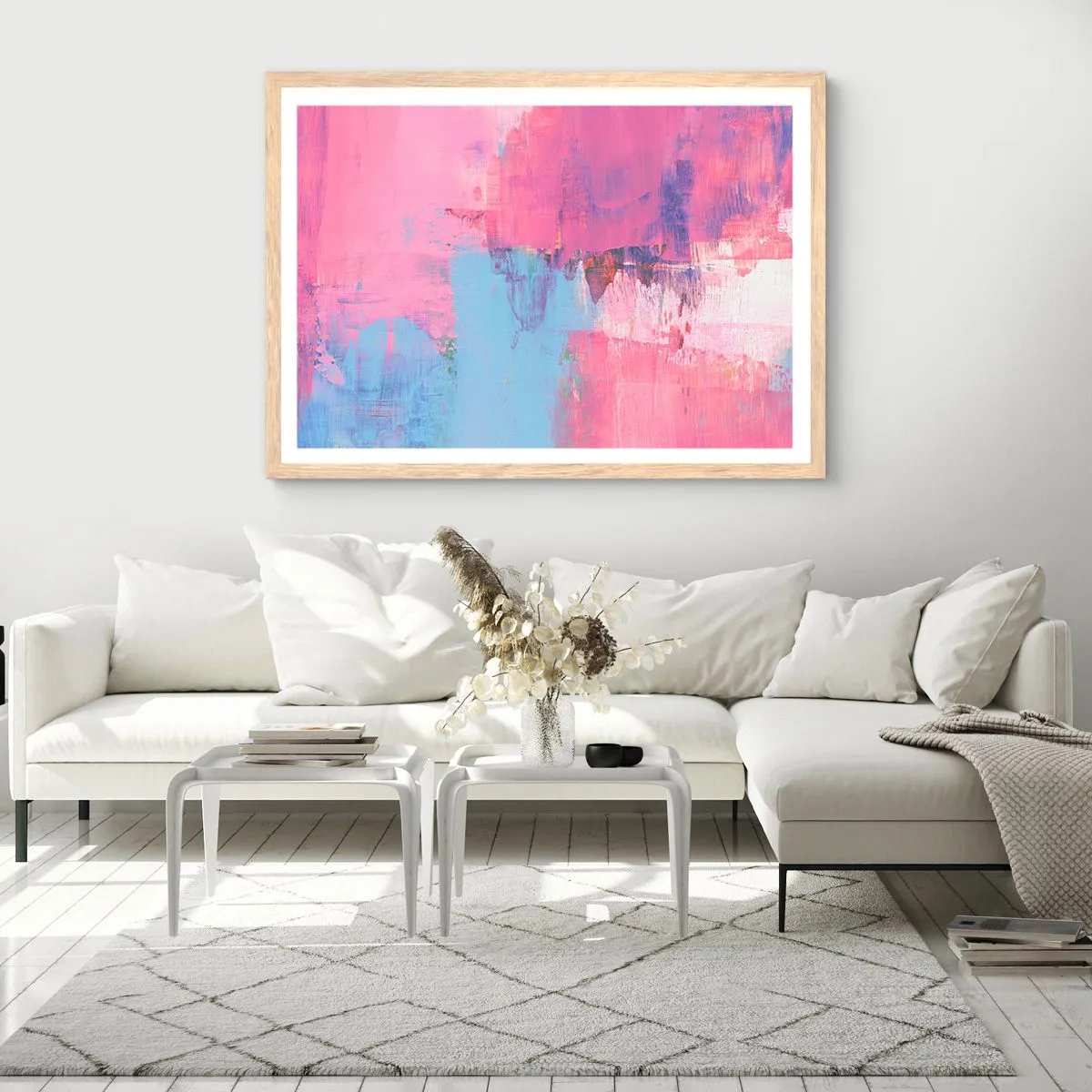 Plakat i ramme af lyst egetræ - Lyserød, blå og en knivspids lys - 40x30 cm