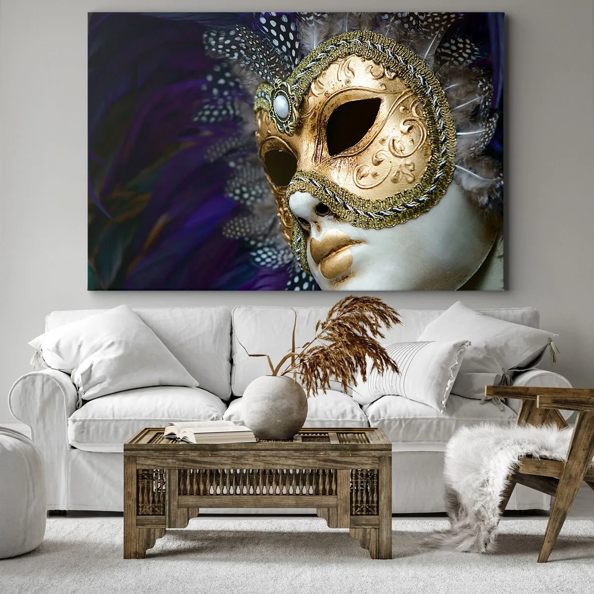 Lærredstryk - Billede på lærred - Gylden venetiansk maske med dekorative fjer og ornamenter - 70x50cm - Venetiansk portræt i guld - Moderne vægdekoration til stue og soveværelse ARTTOR